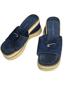 No Boundaries Y2K Denim Platform Slide Sandals Rhinestone Chunky Blue Bling Cute
